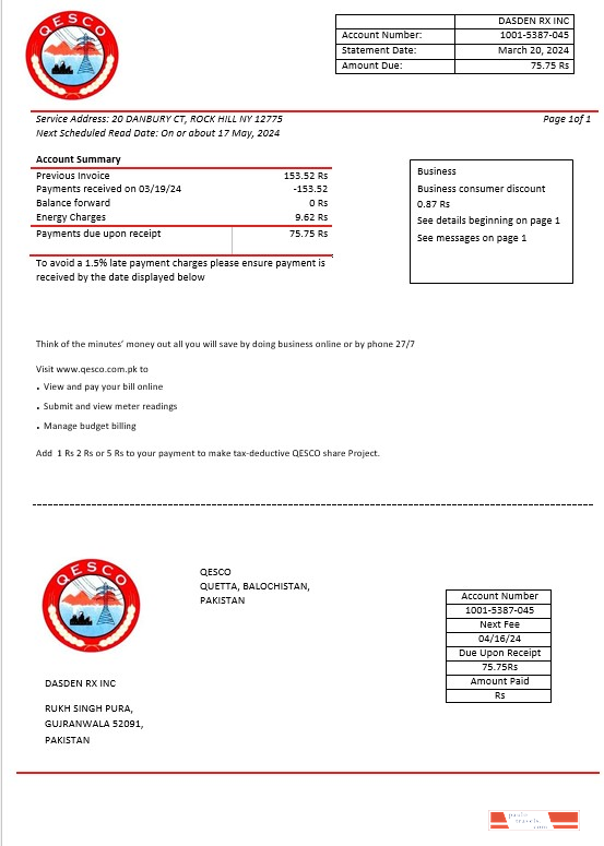 Pakistan Quetta Electric Supply Company electricity business utility bill template in Word and PDF formats
